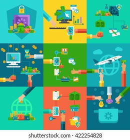 Flat concepts set of online paying, startup and investing.