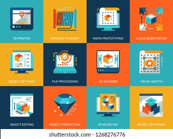 Flat conceptual 3D printing and modeling icons concepts set for website and mobile site and apps. Volumetric object scanning, scaling technology. Flat style pictogram pack. Vector illustration.