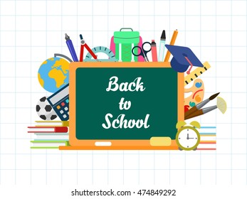 Flat conceptual blackboard chalk lettering with education icons vector illustration. Back to school infographics concept. Book, palette, graduate cap, backpack, paintbrush and alarm clock objects.
