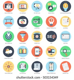 Flat conceptual icon set of digital, video, viral marketing, seo and social media. Pack flat icons concept for website and graphic designers. Mobile and print media.