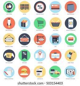 Flat conceptual icon set of e-commerce, internet shopping, retail store and online marketplace, mobile shopping. Pack flat icons concept for website and graphic designers. Mobile and print media.