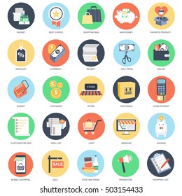 Flat conceptual icon set of e-commerce, internet shopping, retail store and online marketplace, mobile shopping. Pack flat icons concept for website and graphic designers. Mobile and print media.