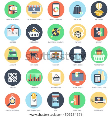 Flat conceptual icon set of e-commerce, internet shopping, retail store and online marketplace, payment methods. Pack flat icons concept for website and graphic designers. Mobile and print media.