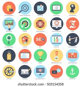 Flat conceptual icon set of search engine optimization tools for growth traffic, web seo. Pack flat icons concept for website and graphic designers. Mobile and print media.