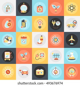 Flat conceptual icons pack of ecological energy source, environmental safety, environment, renewable energy, sustainable technology, recycling, ecology solutions.