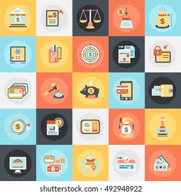 Flat conceptual icons pack of economics, banking and financial services, money savings. Concepts for website and graphic design. Mobile and print media.