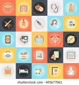 Flat conceptual icons pack of healthcare professionals and medical equipment. Concepts for website and graphic design. Mobile and print media.