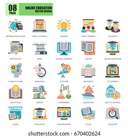 Flat conceptual icons pack online education for website and mobile site apps. Vector illustration.