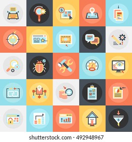 Flat conceptual icons pack of search engine optimization tools for growth traffic, web seo. Concepts for website and graphic design. Mobile and print media.