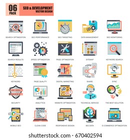 Flat conceptual icons pack SEO and web development for website and mobile site apps. Vector illustration.