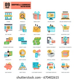 Flat conceptual icons pack shopping and e-commerce for website and mobile site apps. Vector illustration.