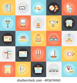 Flat conceptual icons pack of tourism recreation, travel vacation to resort hotel. Concepts for website and graphic design. Mobile and print media.