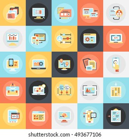 Flat conceptual icons pack of web design and development, web coding, app programming and customization. Concepts for website and graphic design. Mobile and print media.