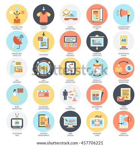 Flat conceptual icons set of advertising media channels and ads distribution, digital marketing. Concepts for website and graphic design. Mobile and print media. Isolated on white background.