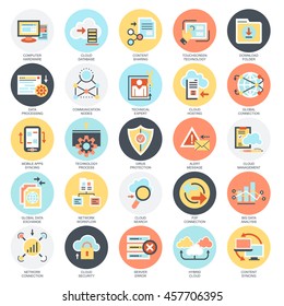 Flat conceptual icons set of cloud data technology services, global connection, cloud computing. Concepts for website and graphic design. Mobile and print media. Isolated on white background.