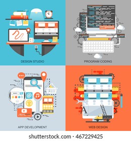 Flat conceptual icons set of creative office workspace art studio, program coding, app and web development. Concepts for website and graphic design. Mobile and print media.