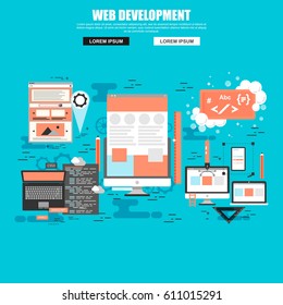 Flat conceptual icons set of creative office workspace art studio, program coding, app and web development. Concepts for website and graphic design. Mobile and print media.