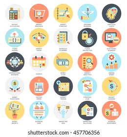 Flat conceptual icons set of market and economics, financial services, money savings. Concepts for website and graphic design. Mobile and print media. Isolated on white background.