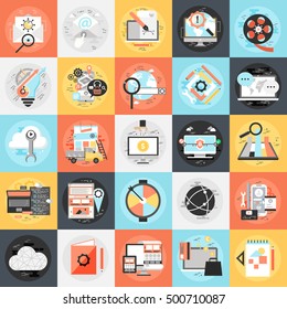 Flat conceptual icons set of search engine optimization tools for growth traffic, web seo. Flat icon concept for website and graphic designers. Mobile and print media.