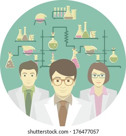 Flat conceptual illustration of scientists in the chemical laboratory