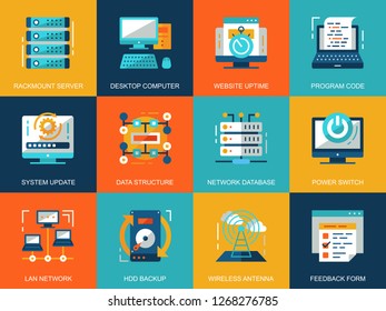 Flat conceptual network technology icons concepts set for website and mobile site and apps. Database server connection, cloud computing. Flat style pictogram pack. Vector illustration.