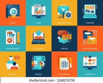 Flat conceptual project management icons concepts set for website and mobile site and apps. Business data and documents workflow. Flat style pictogram pack. Vector illustration.