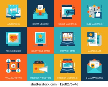 Flat conceptual promo and advertising icons concepts set for website and mobile site and apps. Marketing media, product promotion ads. Flat style pictogram pack. Vector illustration.