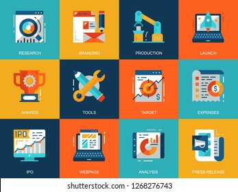 Flat conceptual startup your project icons concepts set for website and mobile site and apps. Startup development, market research. Flat style pictogram pack. Vector illustration.