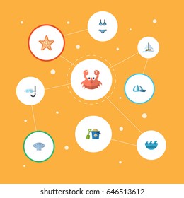 Flat Conch, Hat, Cancer And Other Vector Elements. Set Of Sunlight Flat Symbols Also Includes Shovel, Sail, Conch Objects.