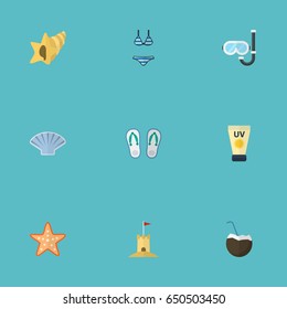 Flat Conch, Shell, Aqualung And Other Vector Elements. Set Of Summer Flat Symbols Also Includes Star, Sun, Mask Objects.