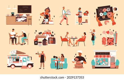 Flat confectionery candy shop set with desserts ice cream van cafe interior and visitors waiters cooks isolated on color background flat vector illustration