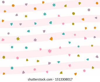 Flat confetti scattered on background with curved stripes. Horizontal rectangular vector illustration.