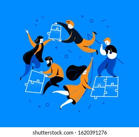 Flat connection concept with people putting together puzzle pieces isolated on blue background. Togetherness, collaboration metaphor. Vector illustration.