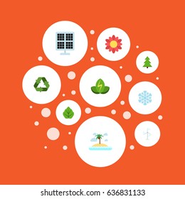 Flat Conservation, Foliage, Eco Energy And Other Vector Elements. Set Of Green Flat Symbols Also Includes Wind, Snowflake, Conservation Objects.