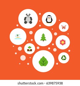 Flat Conservation, Sprout, Polar Bird And Other Vector Elements. Set Of Green Flat Symbols Also Includes Island, Animal, Butterfly Objects.
