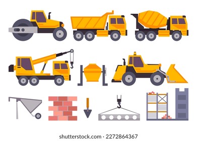 Flat construction equipment collection concept without people scene in the flat cartoon style. The equipment required for the construction of large buildings. Vector illustration.