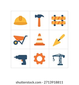 Conjunto de iconos de construcción plana: casco, herramientas, grúa, barrera, carretilla e iconos de equipos de construcción