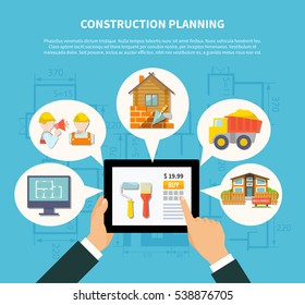 Flat Construction Planning Diagram Concept With Hand Holding Tablet And Building Scheme Contractor House Truck Vector Illustration