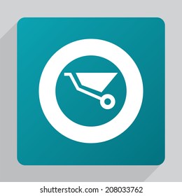 flat construction wheelbarrow icon, white on green background 