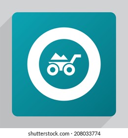flat construction wheelbarrow icon, white on green background 