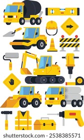 Ilustração plana do equipamento de trabalho da construção