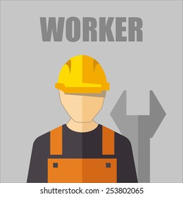 Flat Construction worker. icon Vector illustration. EPS10. With mechanic key on the background. 