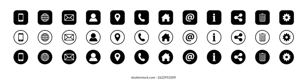 Flat contact and communication icon set in outline, circular, and filled styles. Includes phone, email, user, location, home, settings, info, share, and trash icons. Vector design. Icons, vector.