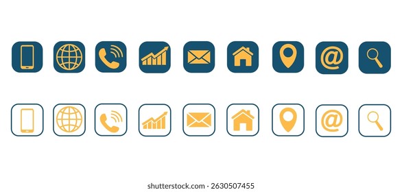 Flat contact and communication icon set in dual color styles with blue and yellow design