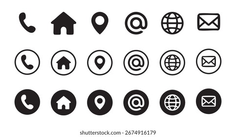 Conjunto de ícones de contato plano - chamada, mensagem, localização, perfil, casa, internet, smartphone - estilo profissional preto e branco
