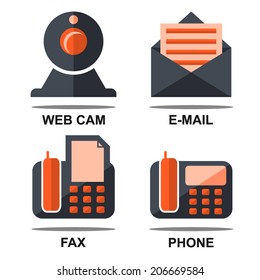 Flat contact isolated icons set web cam, e-mail, fax, phone for web design. Vector illustrations.