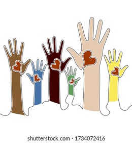 Flat continuous drawing line art Unity in diversity Volunteers Raised Hands with hearts icon vector illustration concept