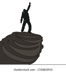 Flat continuous drawing line art Man standing on the top of mountain icon vector illustration concept