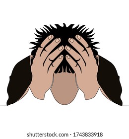 Flat continuous drawing line art Anxious man clutching his head icon vector illustration concept