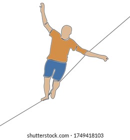 Flat continuous drawing line art man balancing on a rope icon vector illustration concept